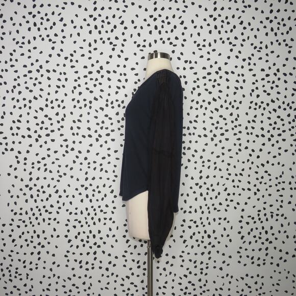 Free People Navy Mixed Media Light Magic Henley Balloon Sleeve Top - Picture 6 of 12